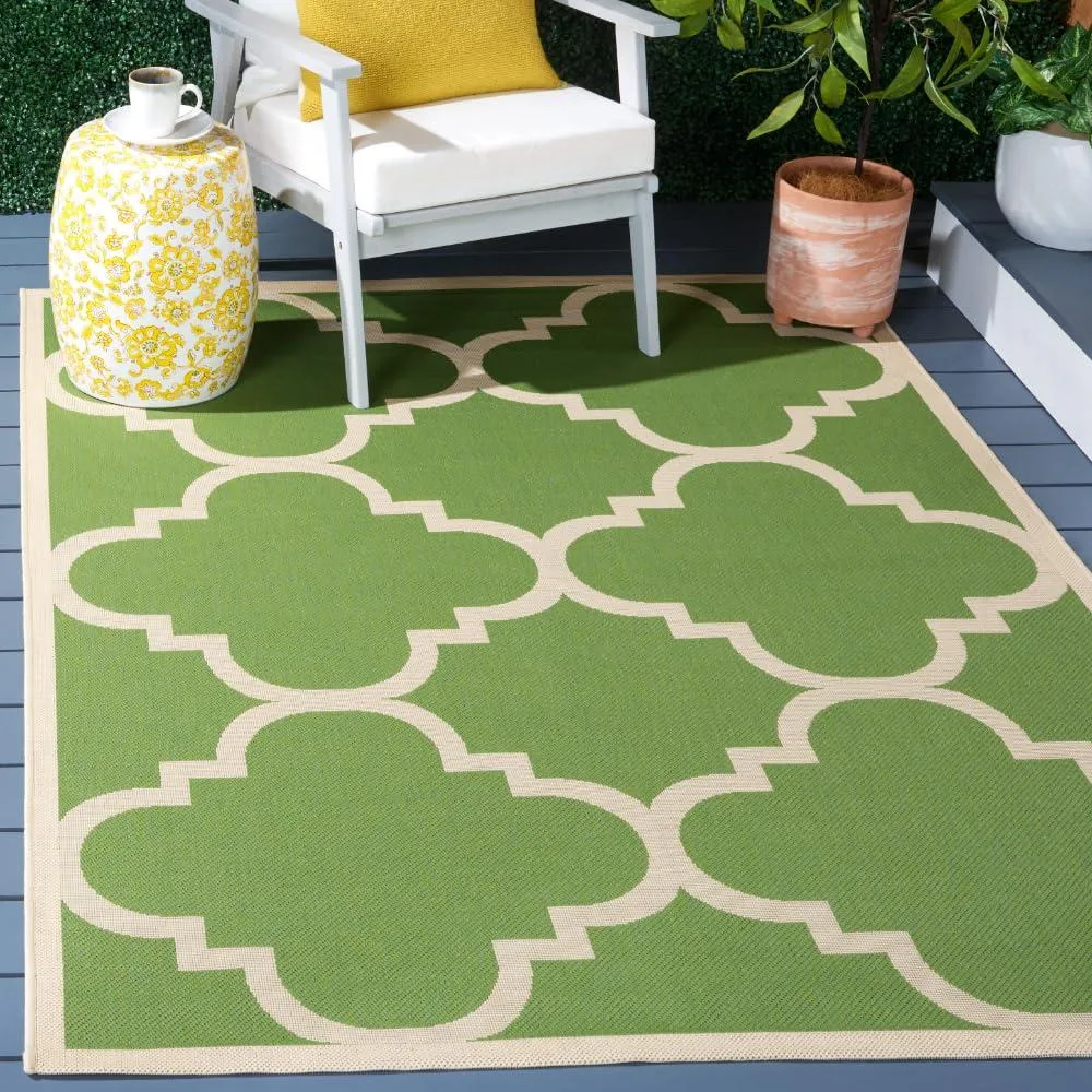 Rectangular green and beige runner rug with low pile