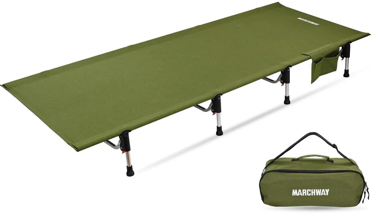 Folding camping cot in army green with aluminum frame and carry bag