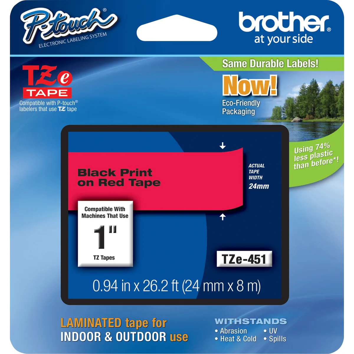 Brother Brother TZE451 24 mm Black on Red tape 26.20 ft pos accessory — product photo