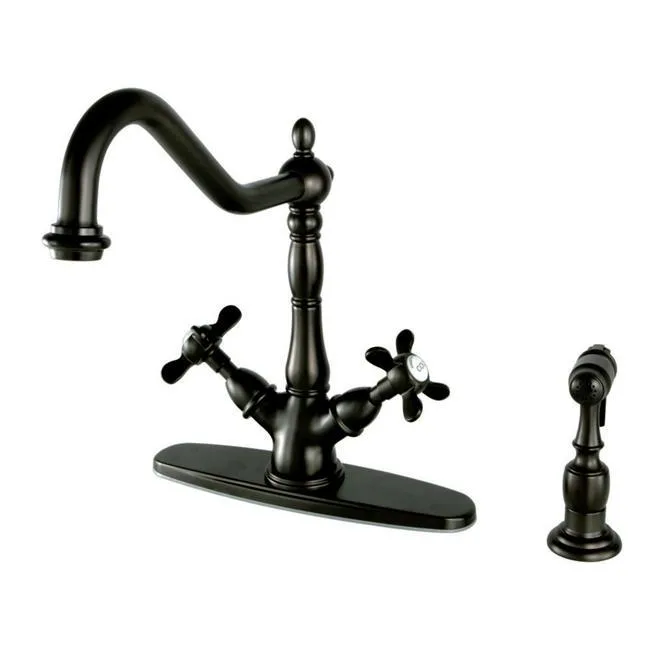 Oil-rubbed bronze two-handle kitchen faucet with matching side sprayer