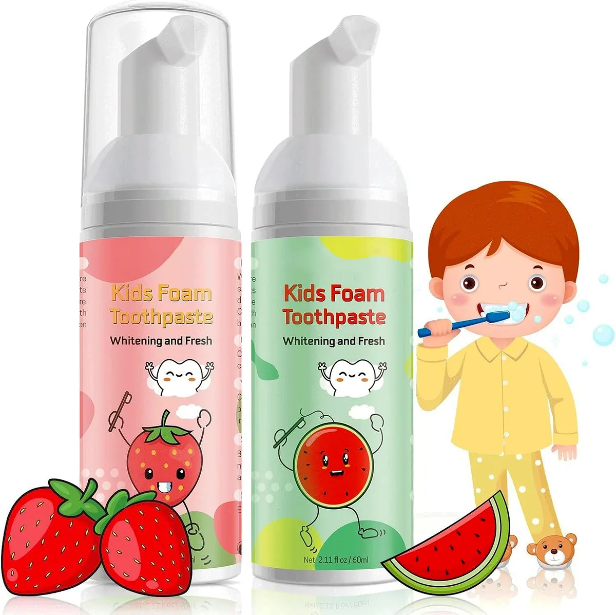 White 60 ml pump bottle of kids foam toothpaste