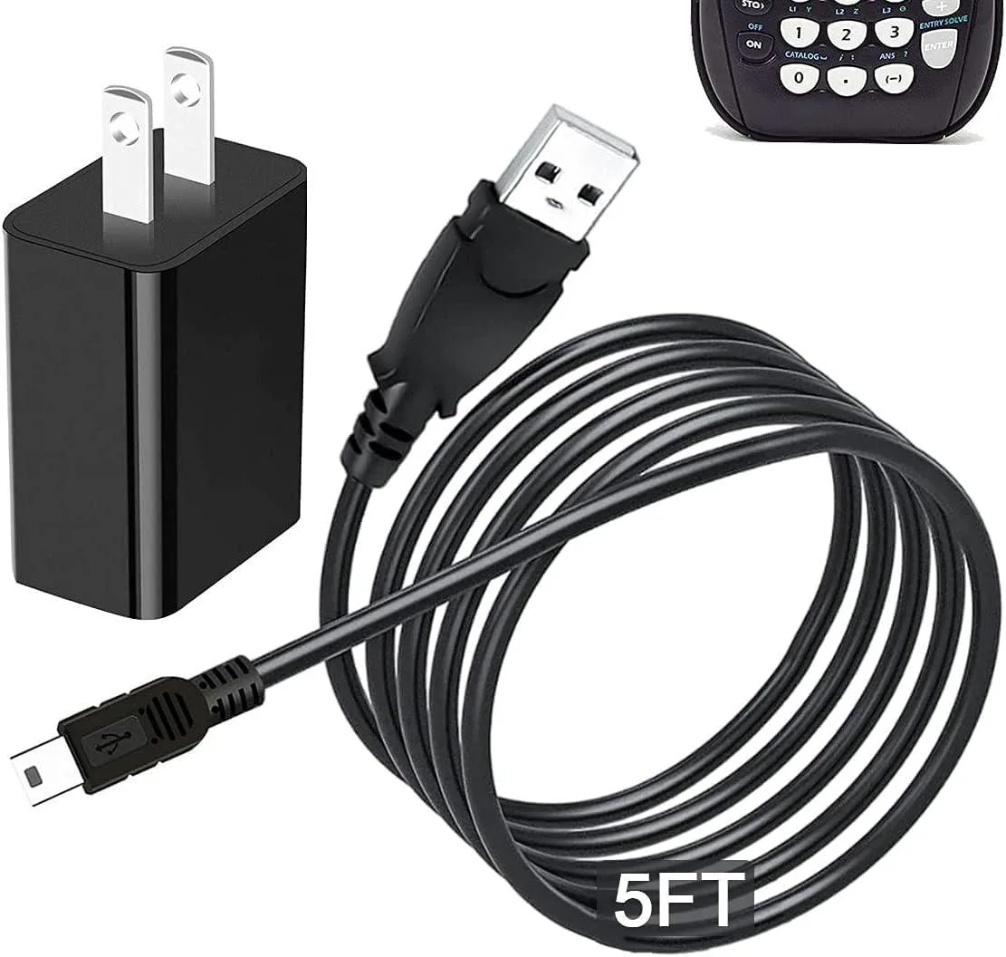 Black USB wall charger with detachable 5 ft Mini-USB cable for TI calculators