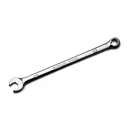 Silver 13 mm combination wrench with offset box end and long handle