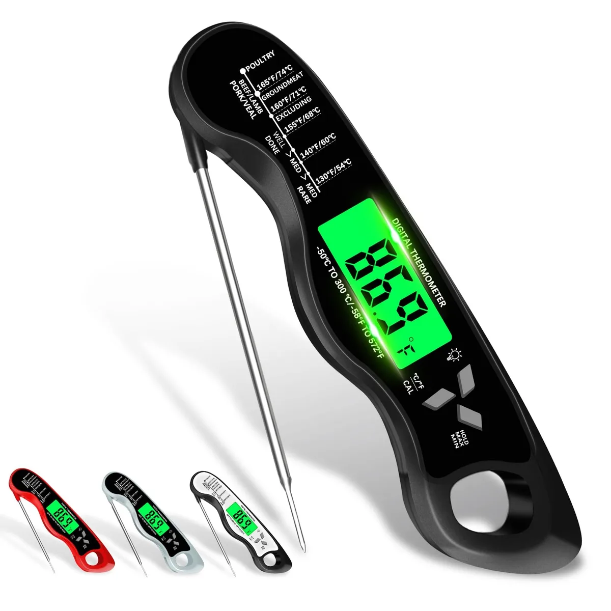 Black digital cooking thermometer with folded stainless steel probe, IP67 rated