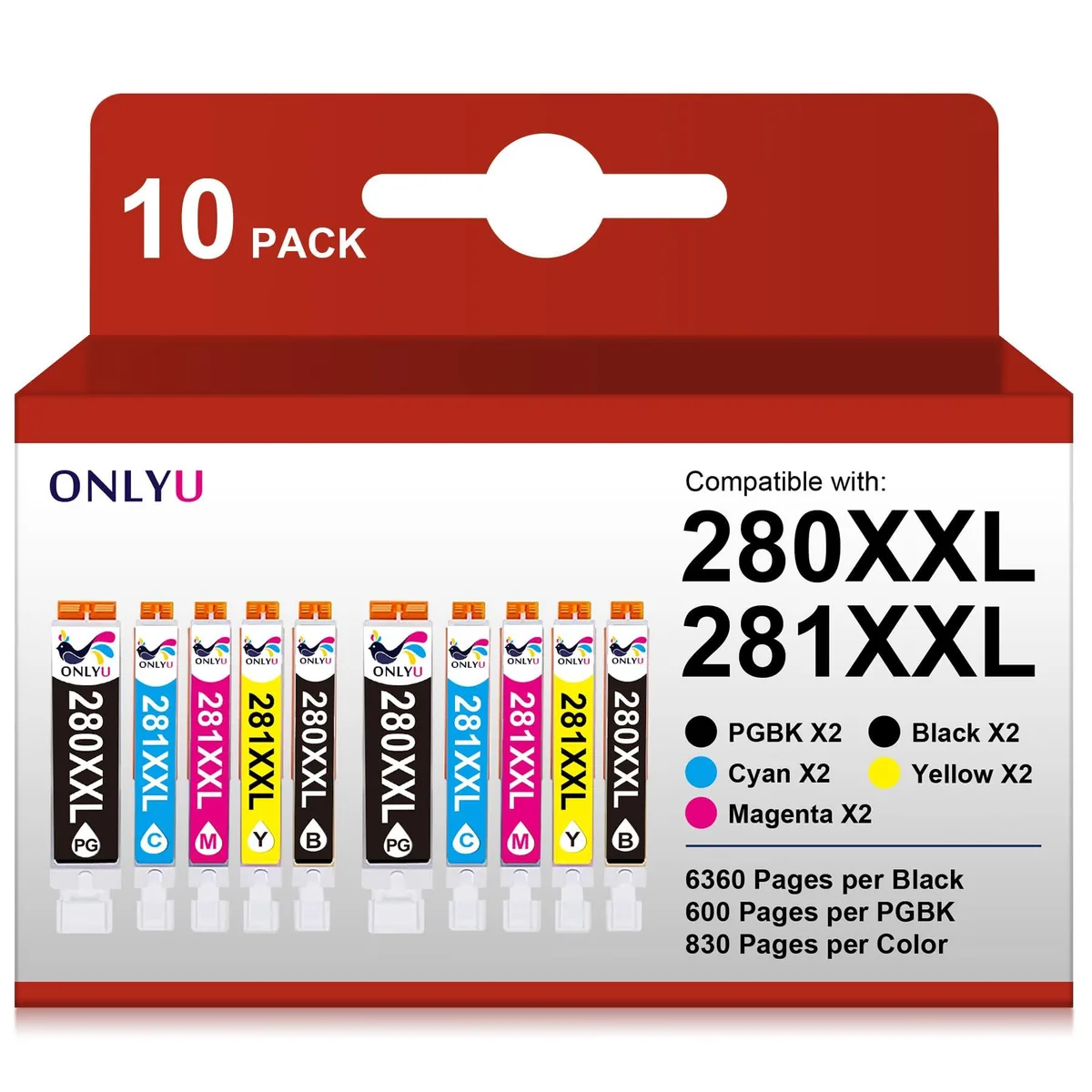 Rectangular box holding ten ink cartridges in black, cyan, magenta and yellow