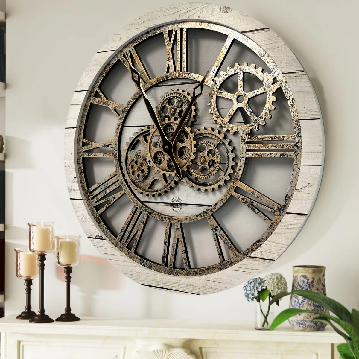 The Gears Clock The Gears Clock AMERICA 24 INCH ROUND Real Moving Gear Wall Clock White — product photo