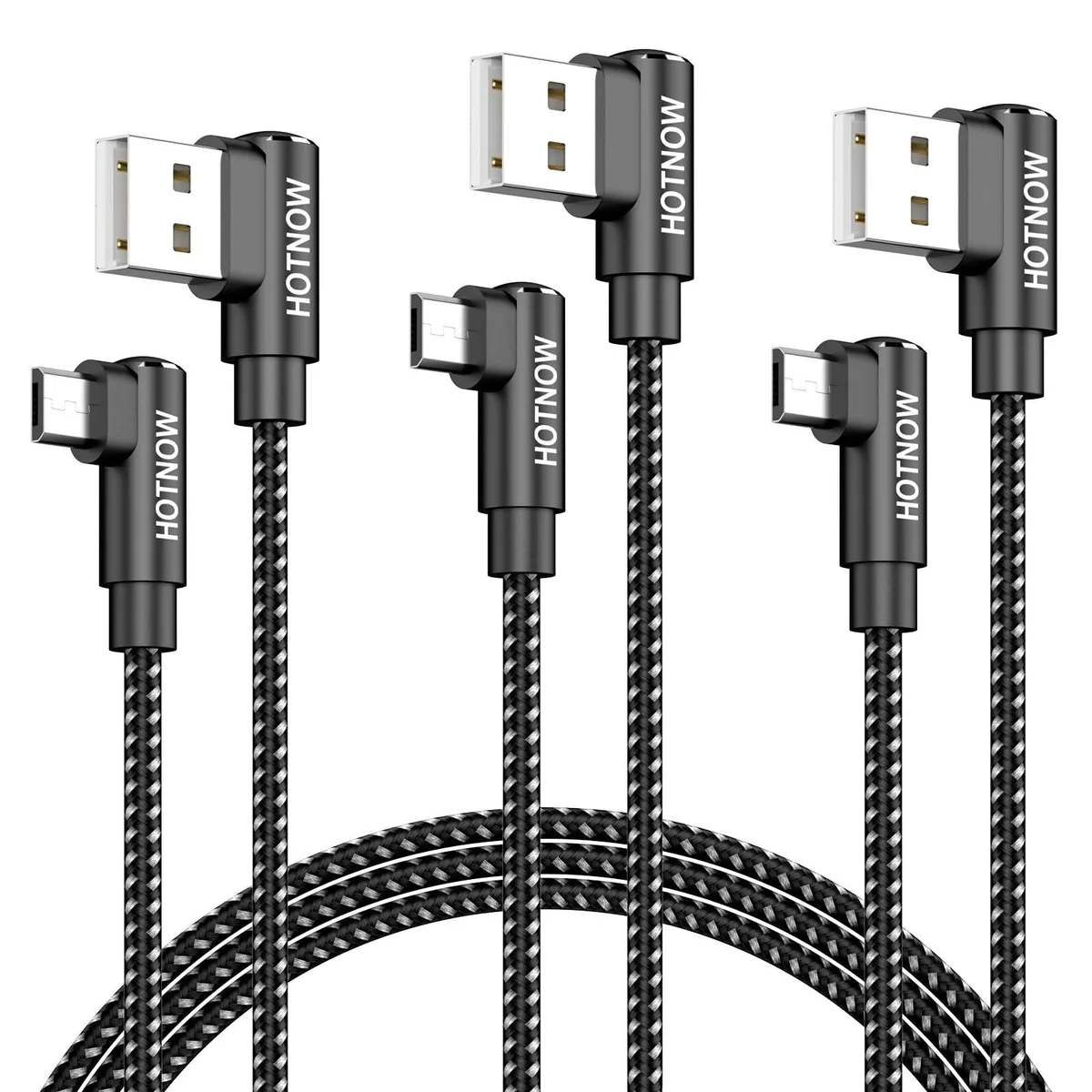 Three black nylon-braided right-angle USB-A to Micro-USB cables, each three feet long
