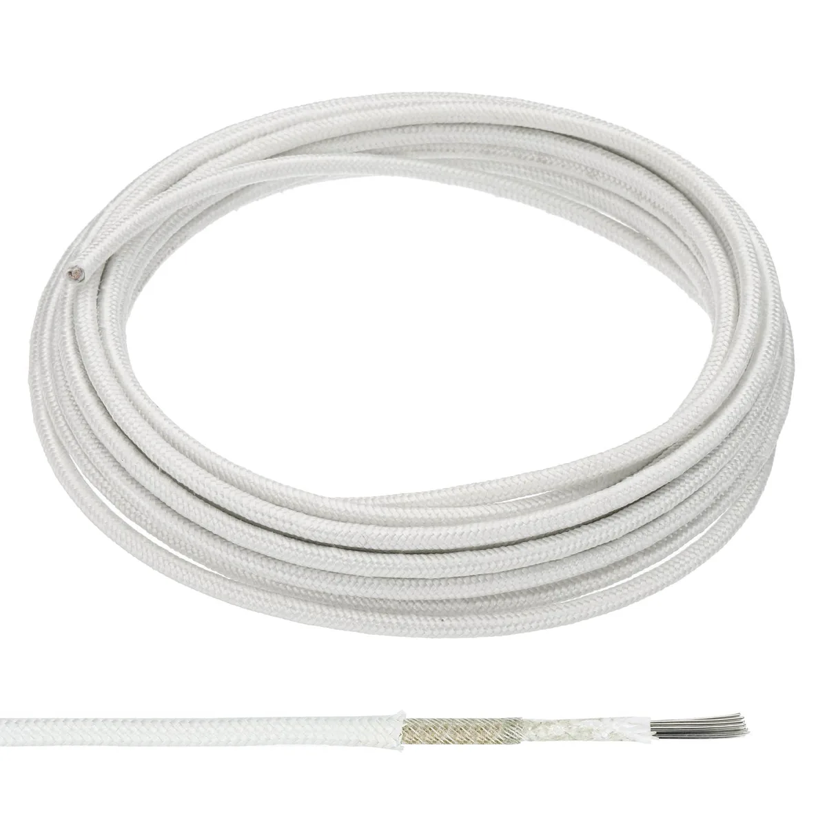 White mica-glass braided cable on spool, 13 AWG nickel-plated copper, 16.4 ft