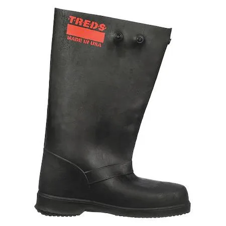 Black rubber overboots, plain toe, 17 in height, snap tab closure, size M/L