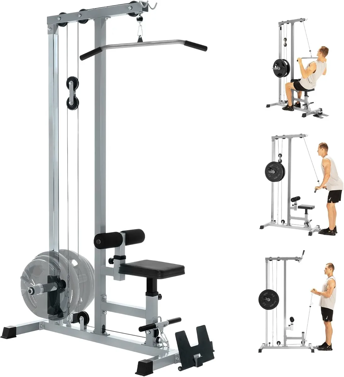 Steel LAT pull-down tower with high and low pulleys, adjustable seat and knee pads, lat bar and clamps included