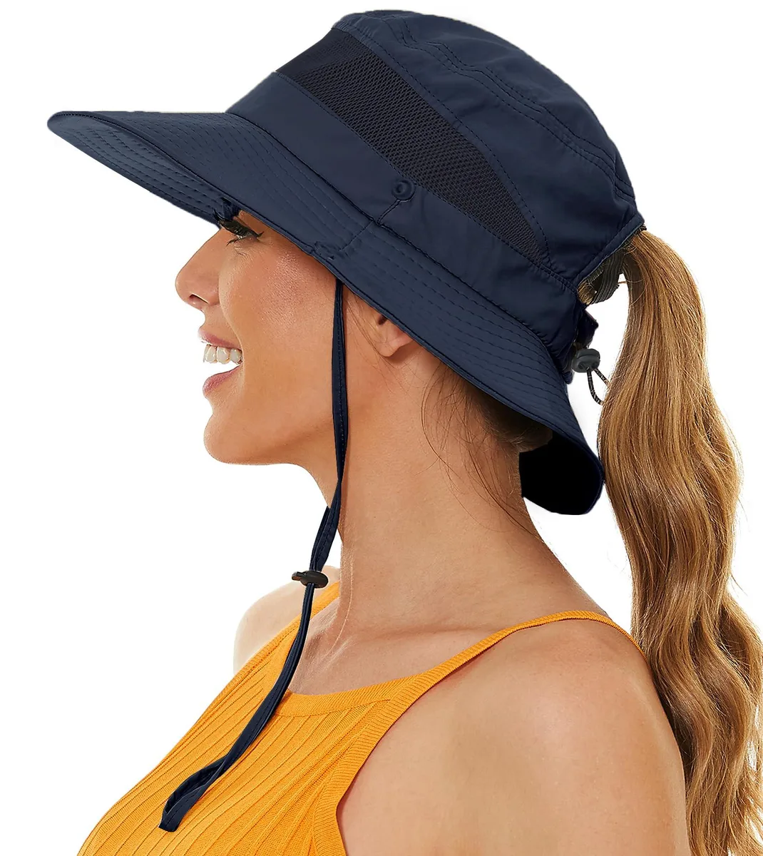  Sun Bucket Beach Hat Women Ponytail Hole UPF 50+ Waterproof Navy Blue — product photo
