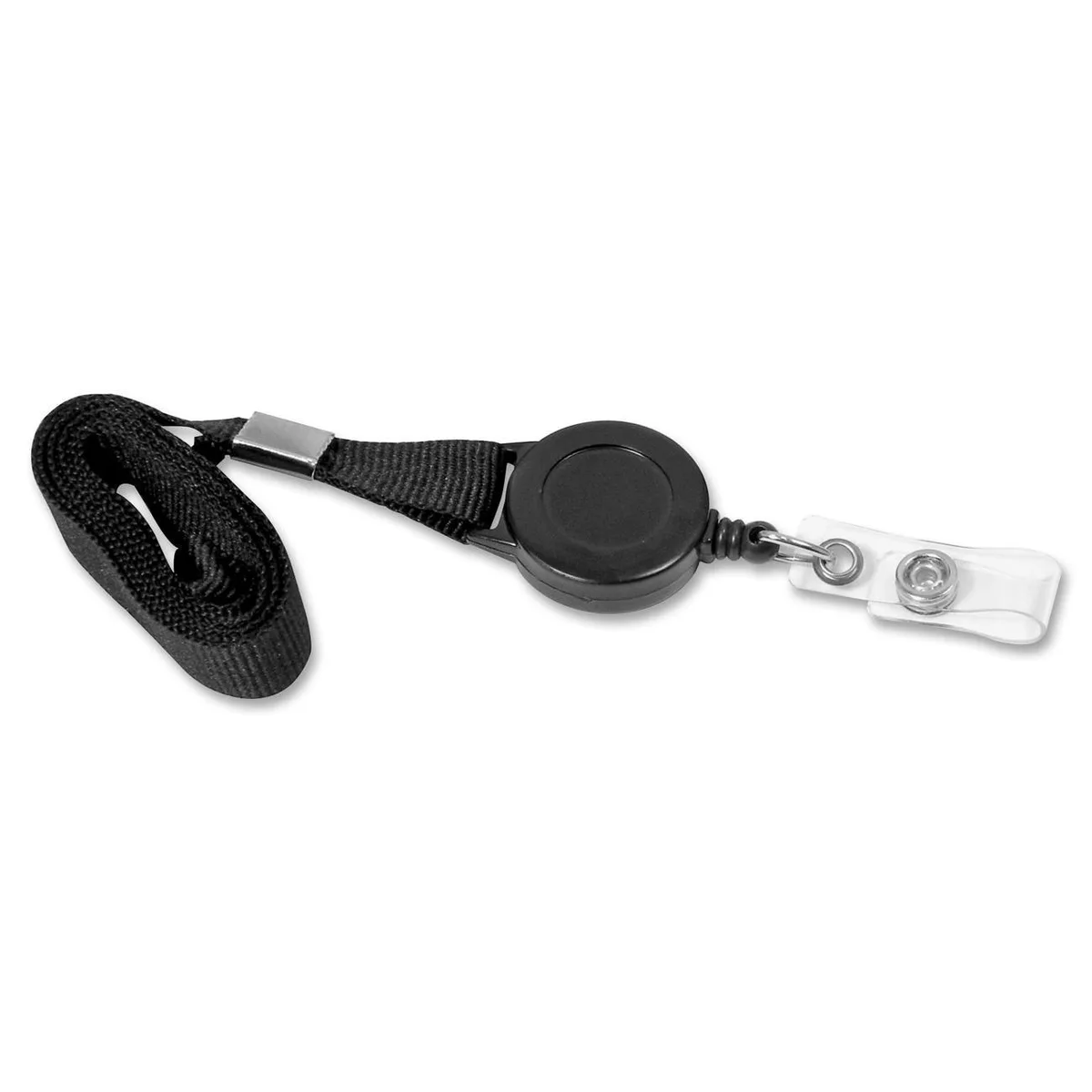 Pack of twelve black lanyard card reels with 36 inch lanyards and 24 inch retractable cords