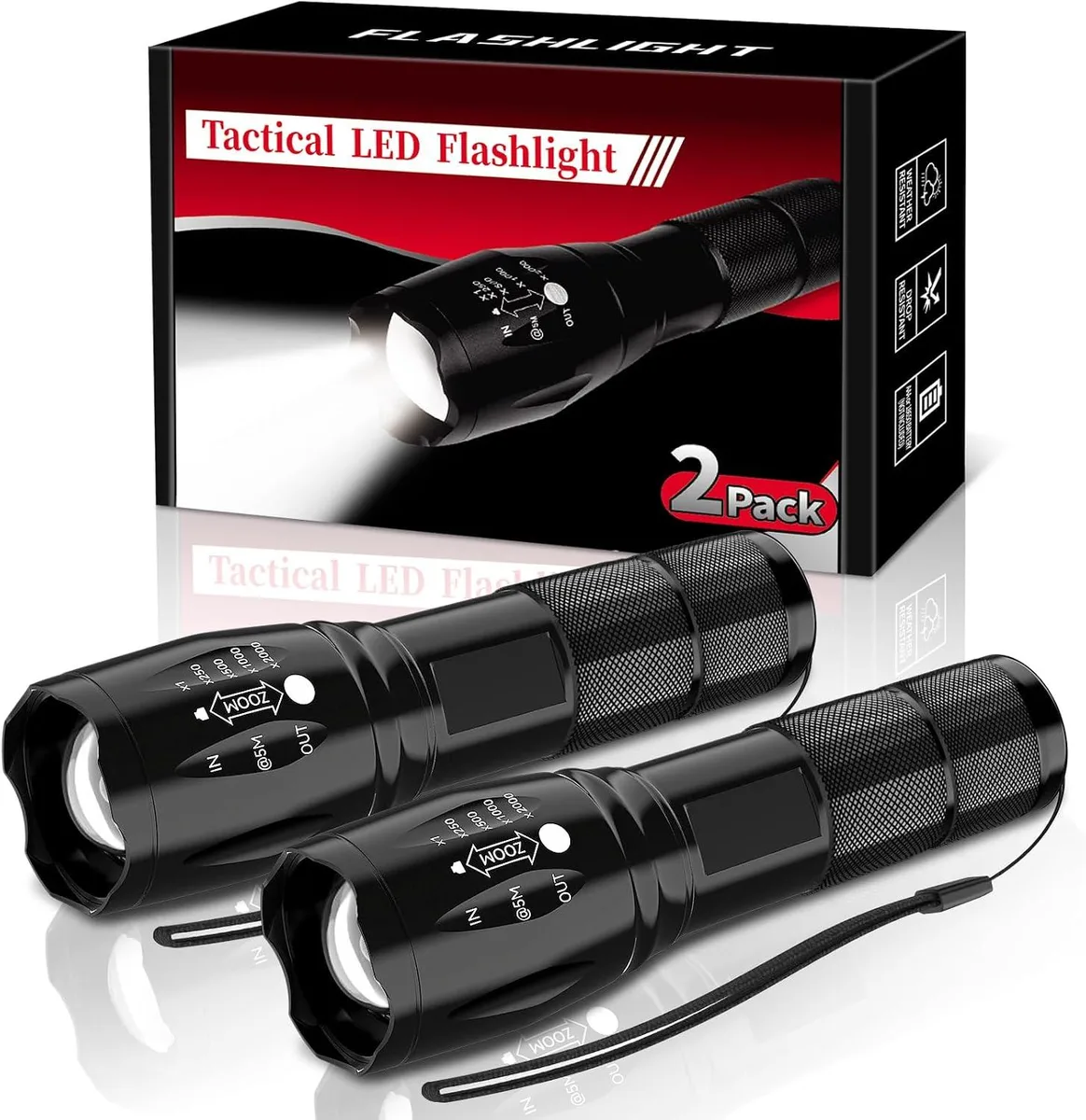 Two compact aluminum flashlights with rubber grips, zoomable heads and wrist lanyards