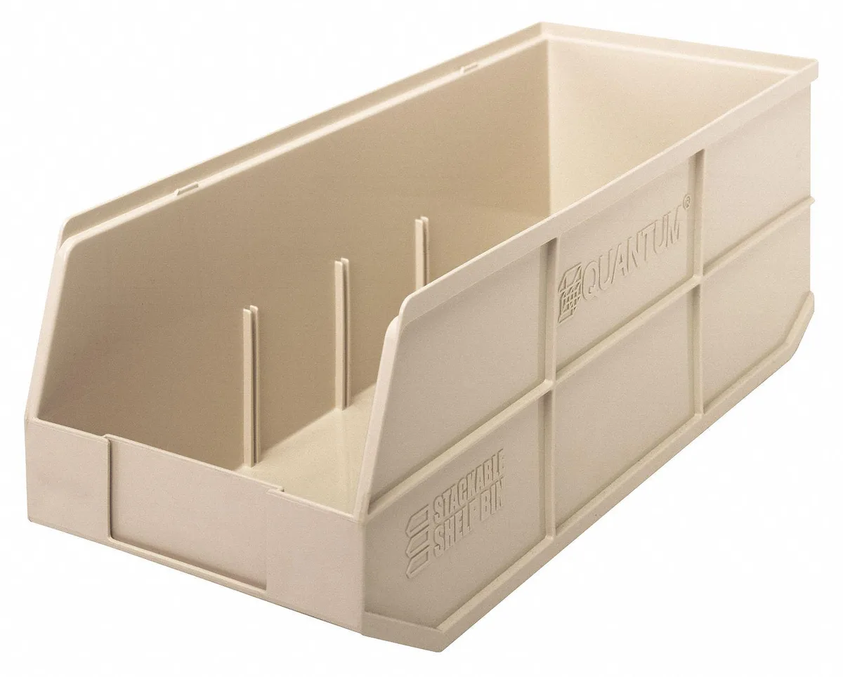 Ivory plastic shelf bin with label holder and divider slots