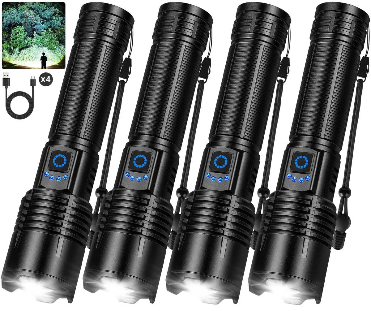 Four black cylindrical aluminum flashlights with USB-C ports and lanyard holes