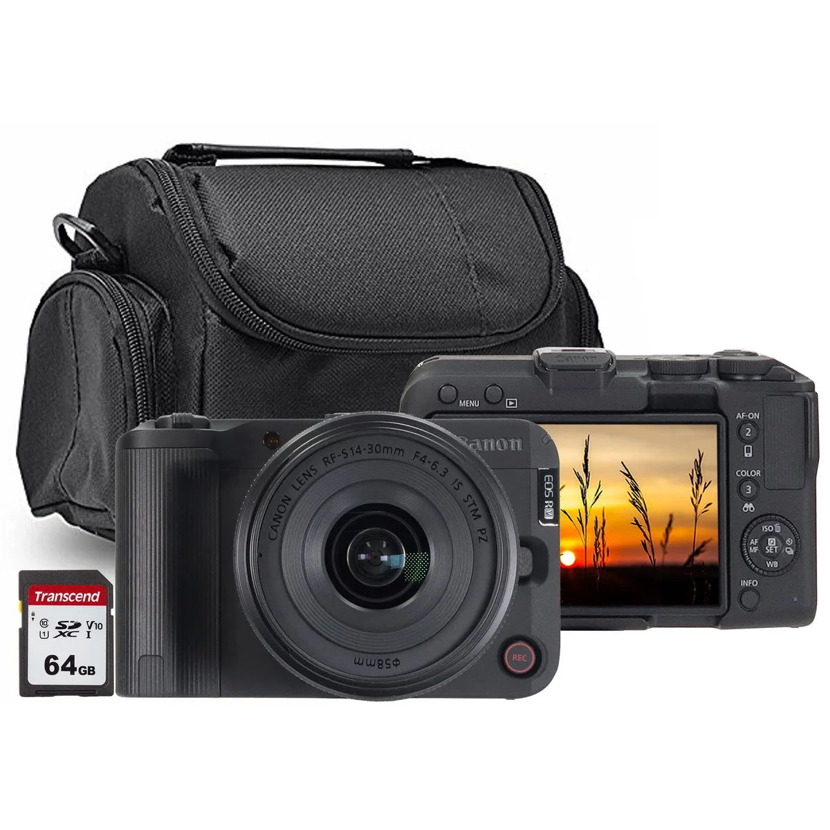 Canon Canon EOS R50 V compact mirrorless camera with RF-S 14-30mm f/4-6.3 IS STM PZ lens 64GB SDXC card medium case — product photo