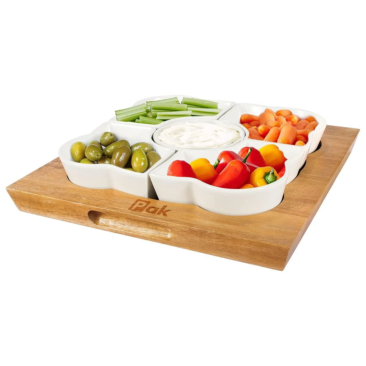 Square acacia wood tray with five white porcelain bowls arranged inside