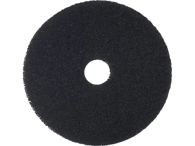 Five black circular floor stripping pads stacked in carton
