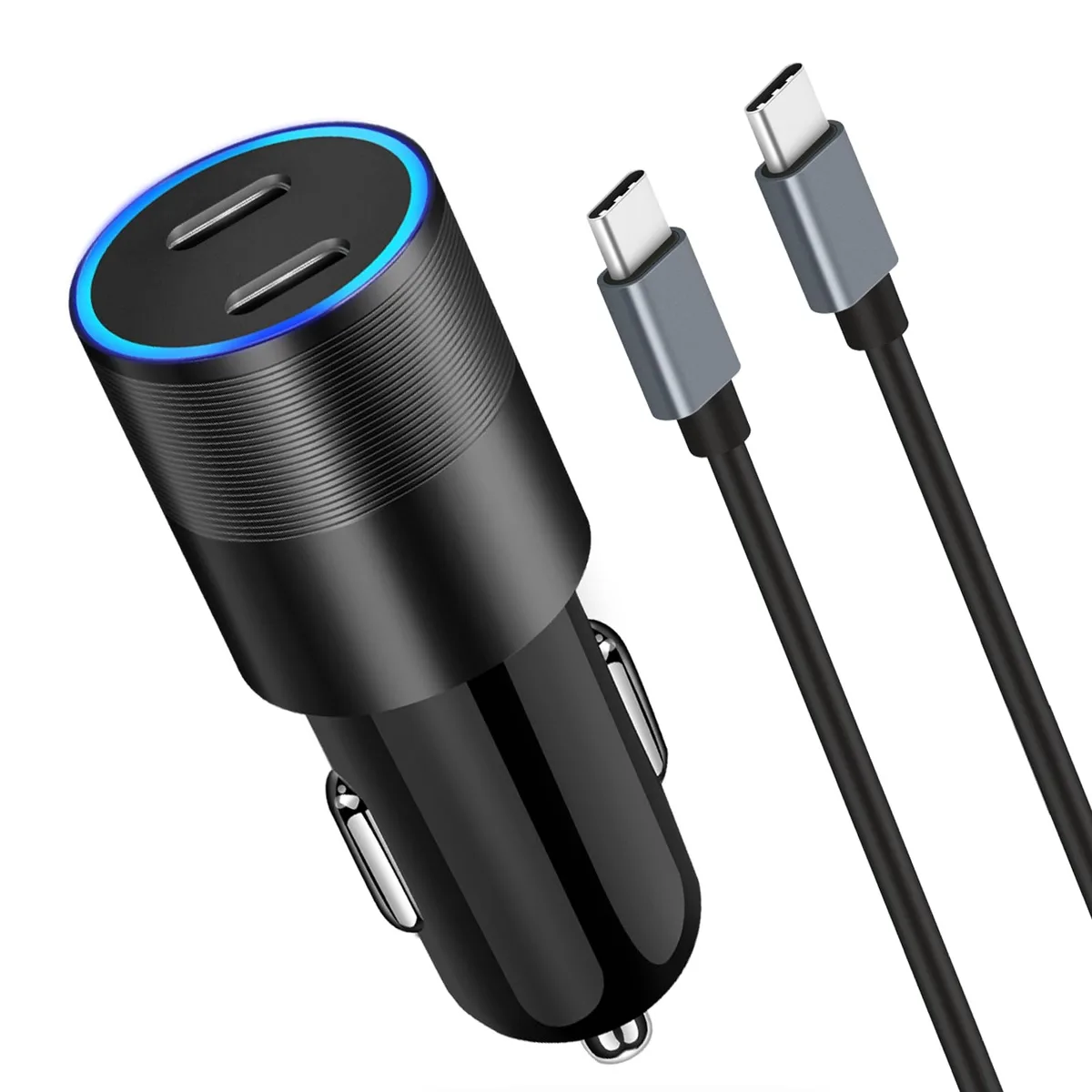 A black dual USB-C car charger with a 3.3ft cable attached
