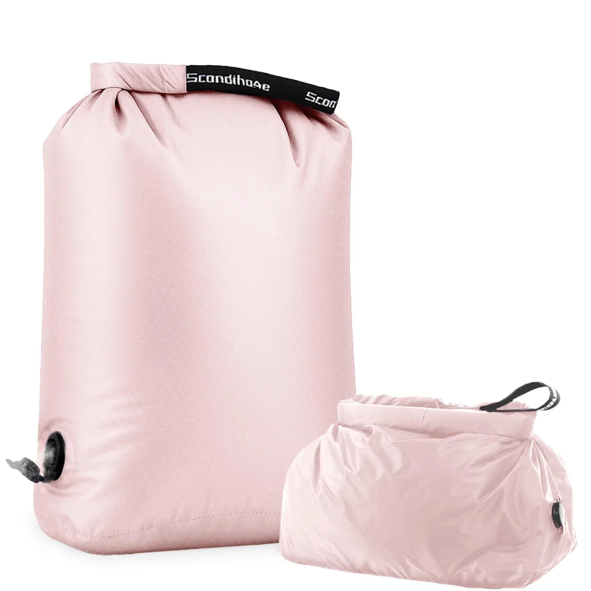 Pink fabric compression laundry bag with side handles and valve