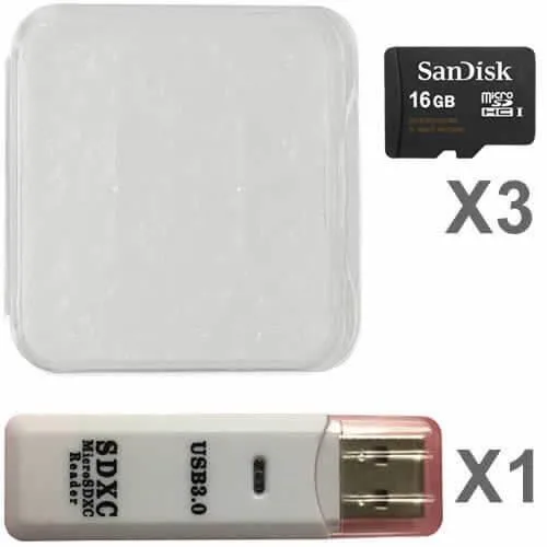 Three small microSD cards and a USB reader in plastic cases