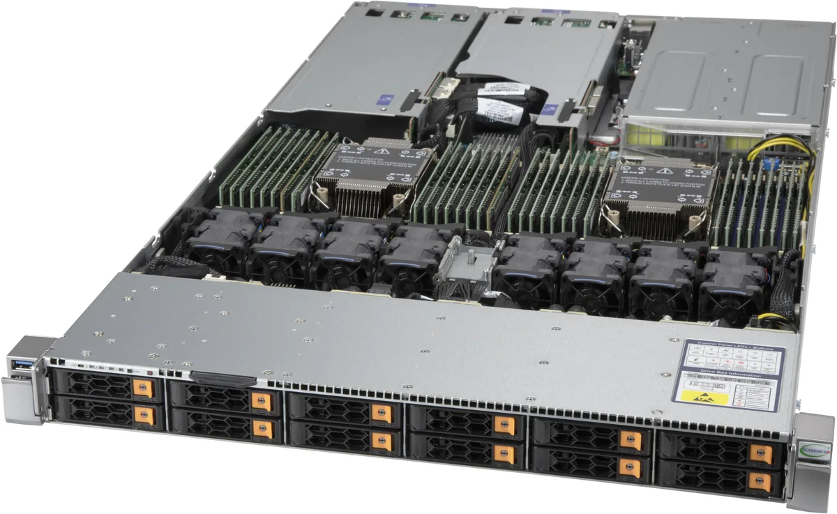 Supermicro Supermicro SYS-120H-TNR 1U barebone server, dual LGA 4189, 32 DDR4 slots, 8×2.5″ bays — product photo