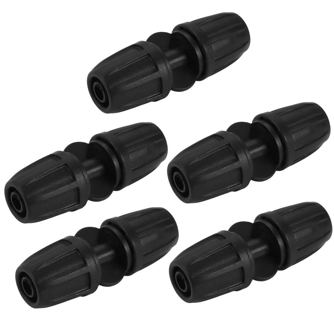 Five black plastic barb couplings 66 x 23mm