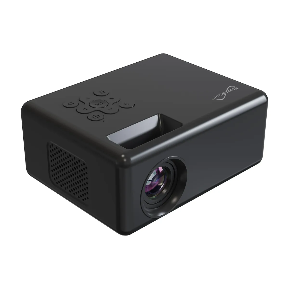 Compact white rectangular projector with front lens and top controls
