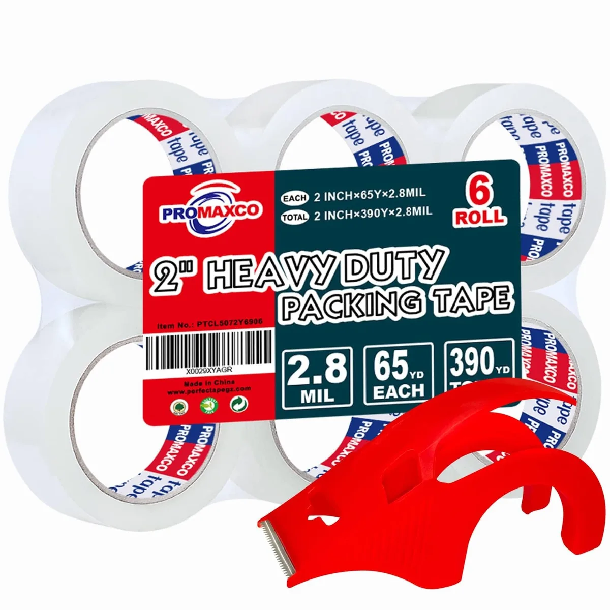 PROMAXCO PTCL Heavy Duty Packing Tape 6 Rolls 1.88" x 65Y 2.8mil Clear with Dispenser — product photo