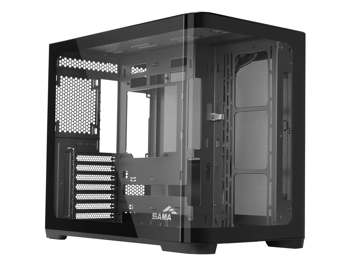Black mid-tower case with curved tempered glass front and side panels