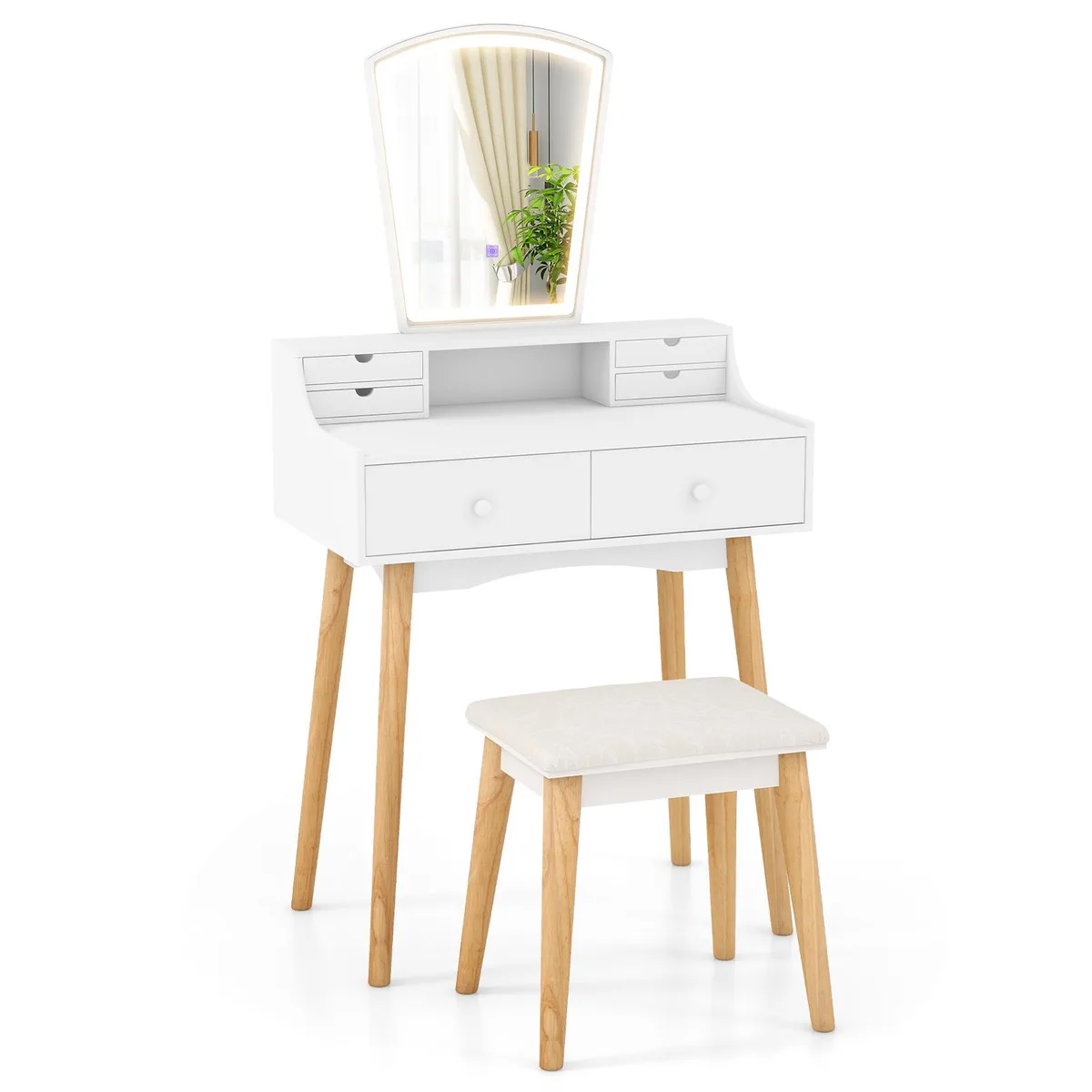 White vanity desk with LED mirror, drawers and stool