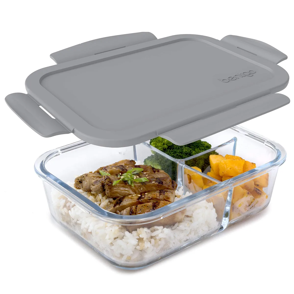 Grey rectangular glass lunch box with three compartments and a locking lid
