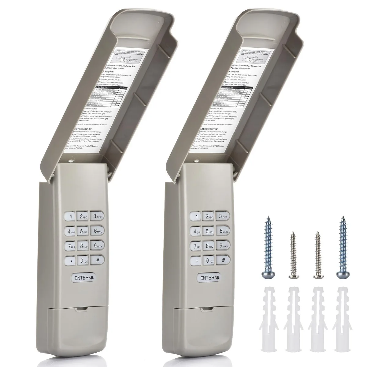 Two rectangular wireless keypads with flip-up covers and backlit buttons, shown side by side