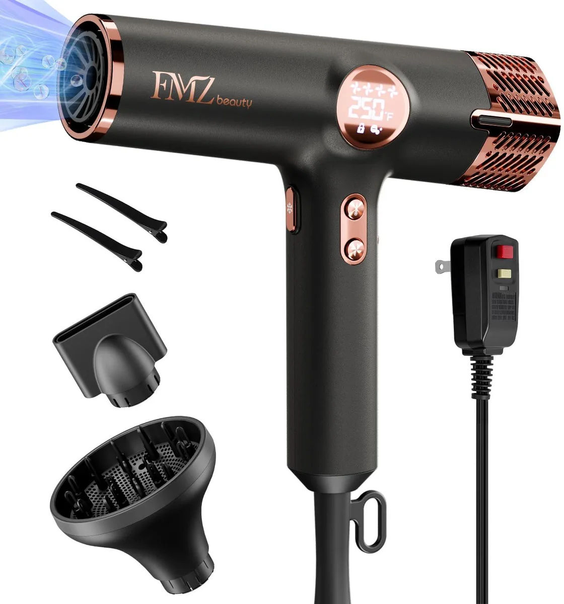 Matte black and rose gold hair dryer with LED display and diffuser attachment