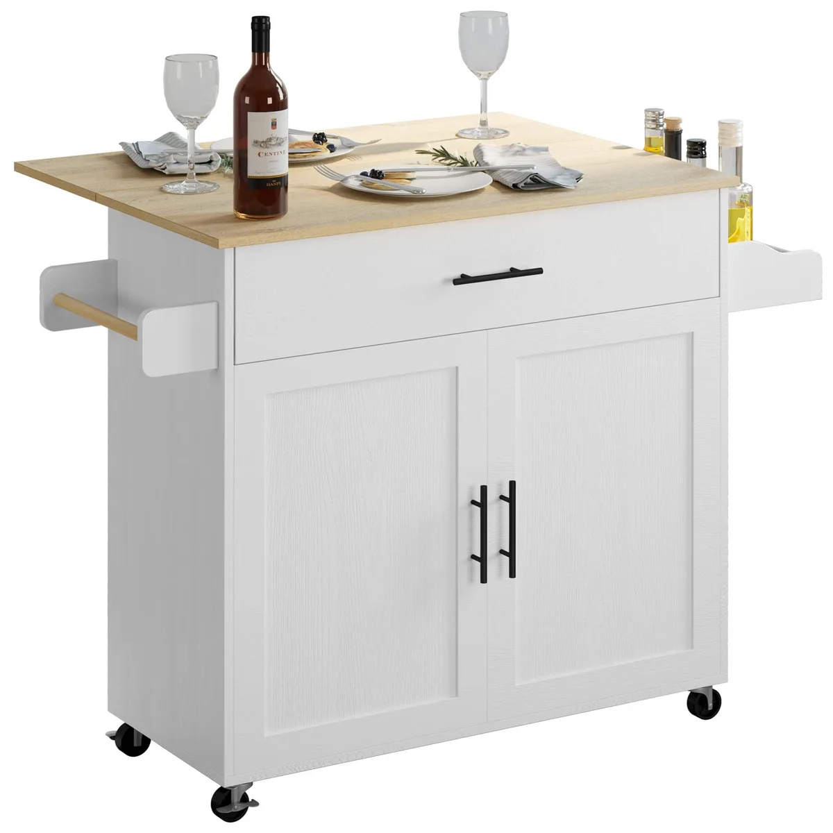 White rolling kitchen island with drop leaf, cabinet, drawer, spice rack, towel bar and four casters