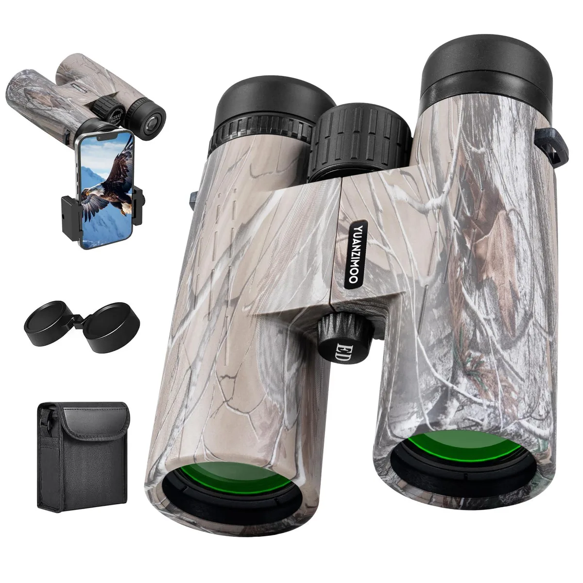 Camo 12x42 binoculars with phone adapter attached