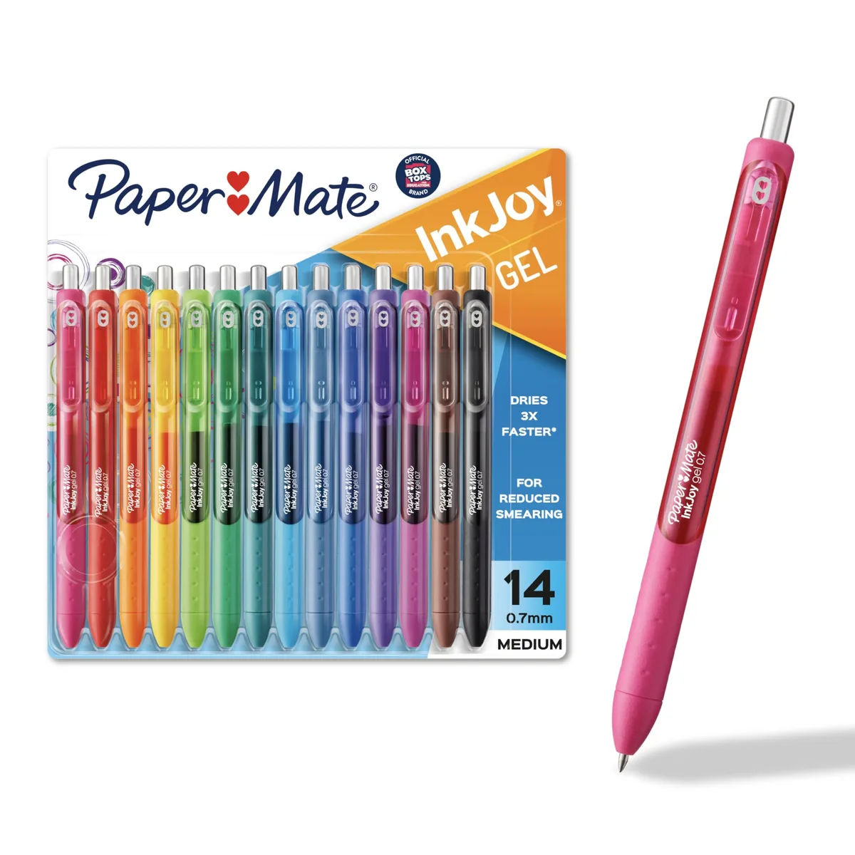 A clear plastic box holding fourteen colourful gel pens with textured grips