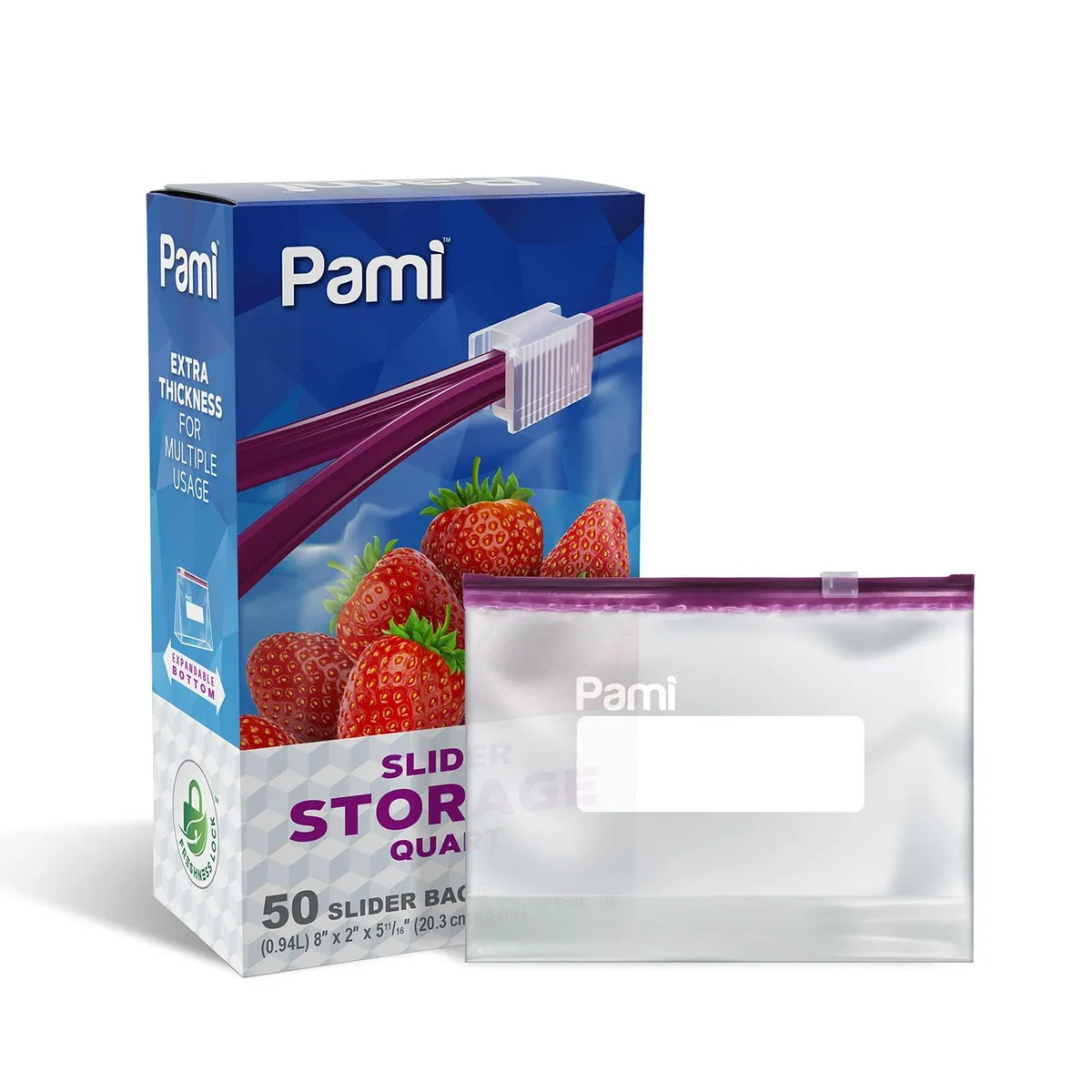 Clear quart food storage bags with slider zipper and expandable base