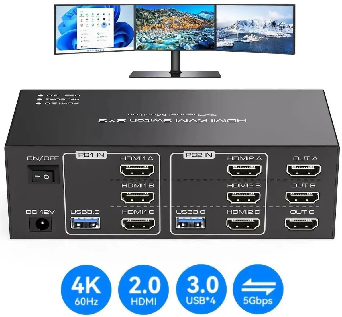 Vszerda Vszerda 3-Monitor HDMI KVM Switch 2 PCs 4K 60Hz 4 USB 3.0 — product photo