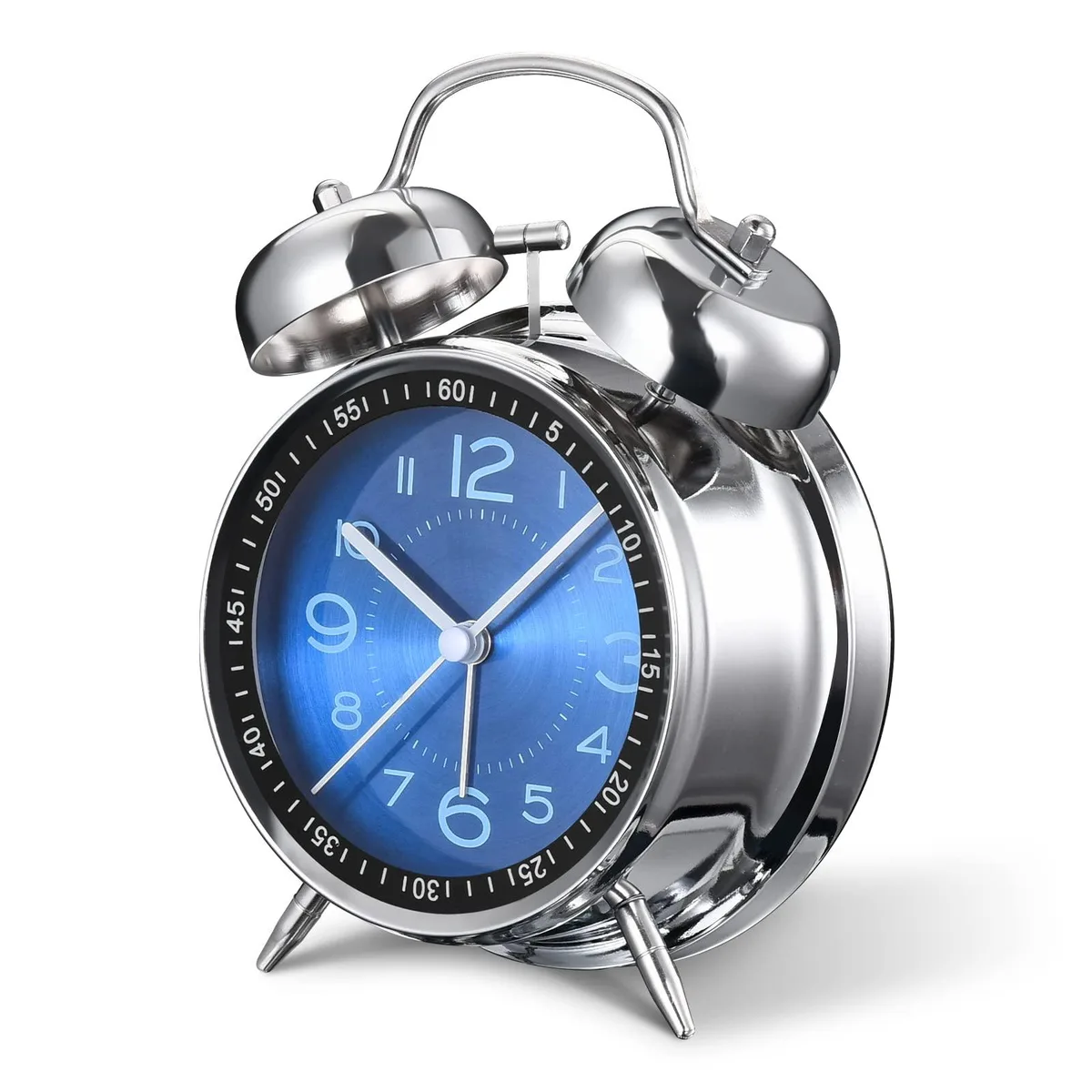 Blue 4-inch twin-bell analog alarm clock with brushed metal dial and silver frame