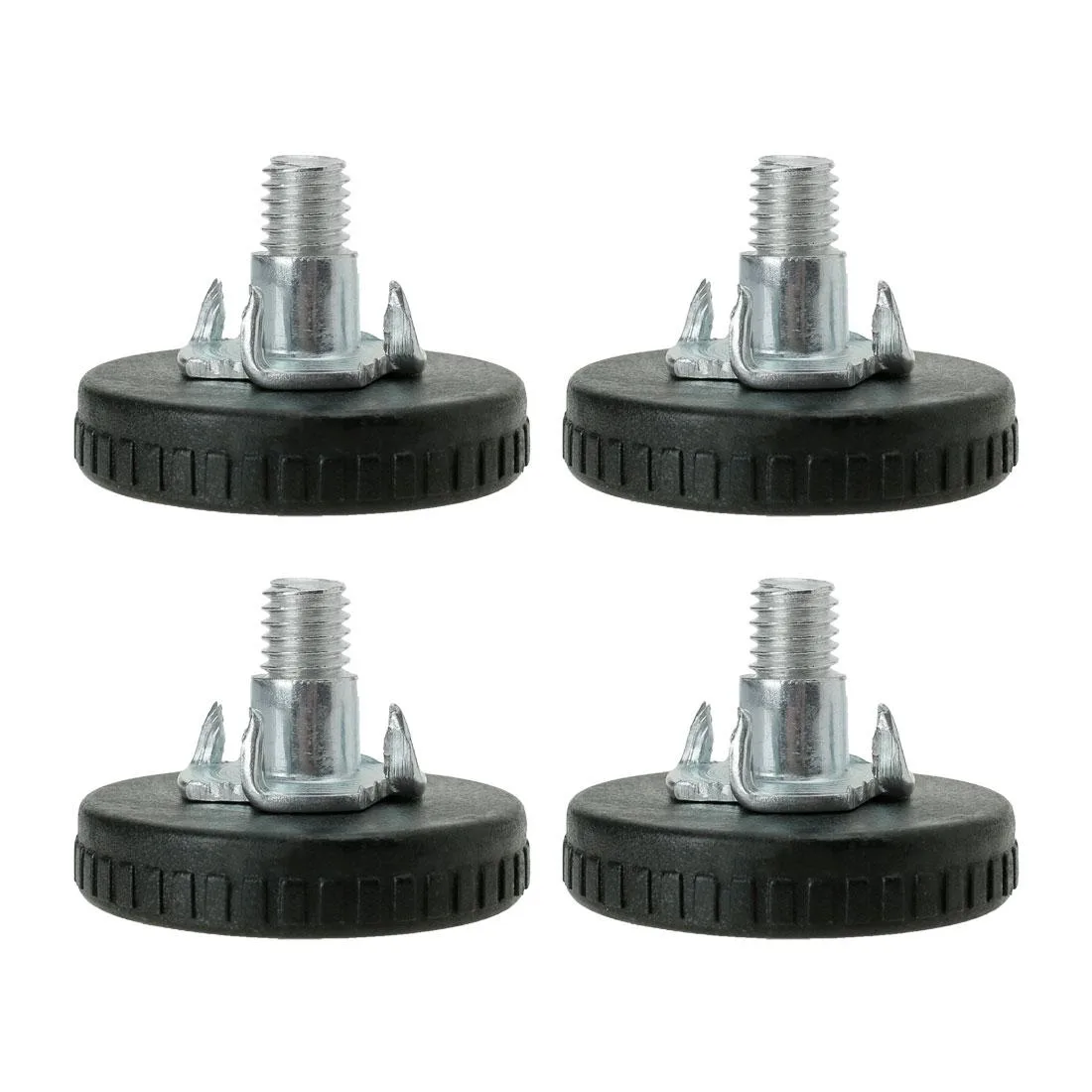 Four silver threaded feet with black plastic bases and T-nuts