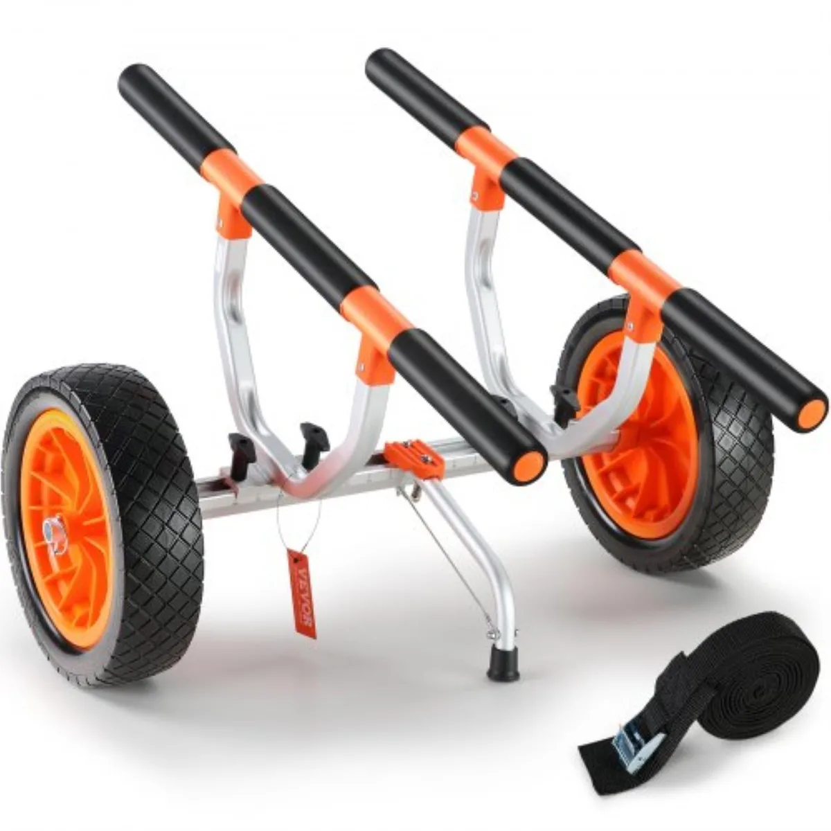 Aluminium kayak cart with two 12-inch solid tyres, adjustable frame and single support foot