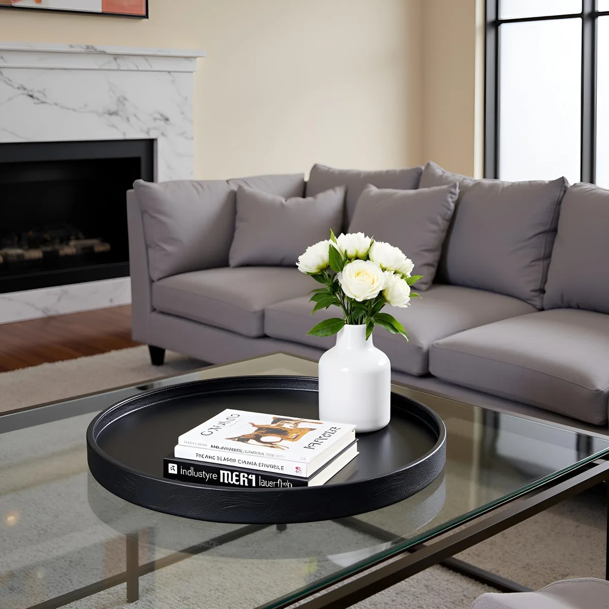 Black round ottoman tray, faux leather finish, 20 inch diameter