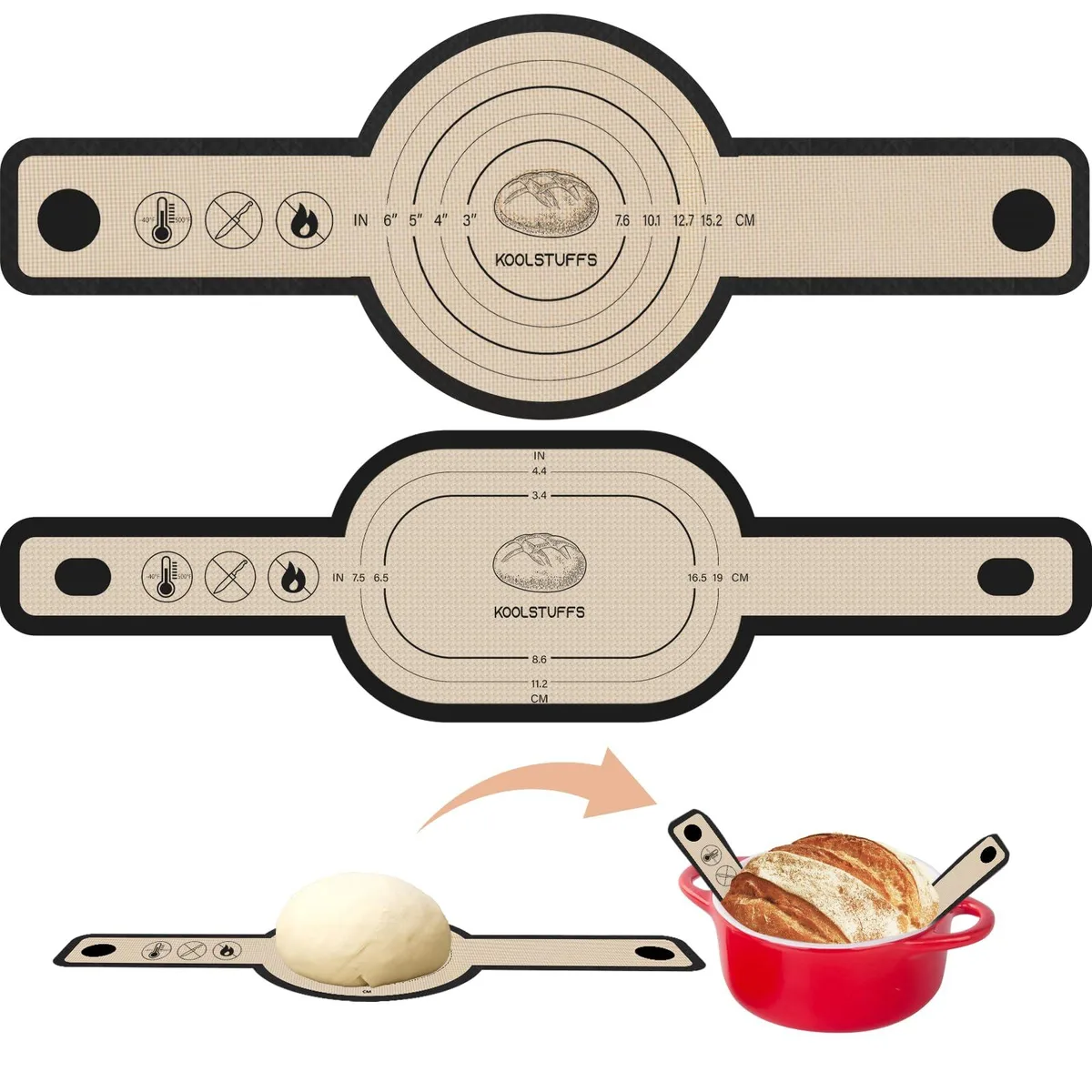 Two flexible silicone bread slings with long handles, one oval and one round, lying flat