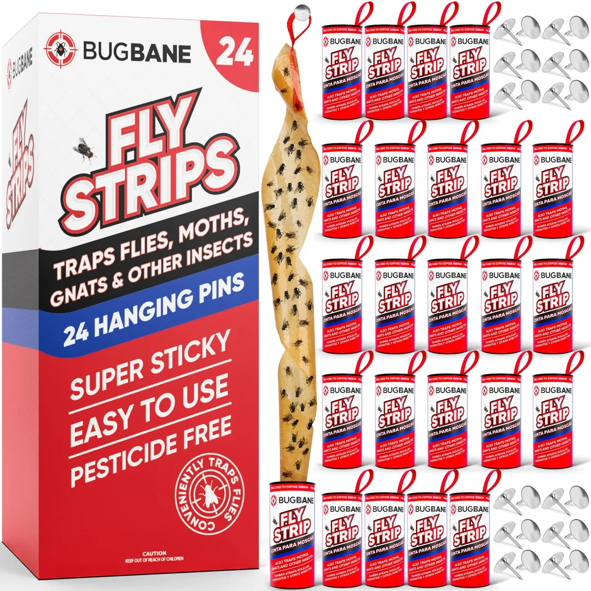 White double-sided fly ribbon tape roll 24 pack with hanging pins