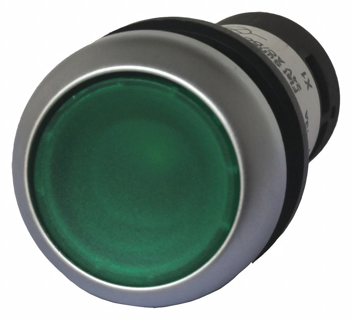 Green illuminated push button with silver bezel, 22 mm flush mount