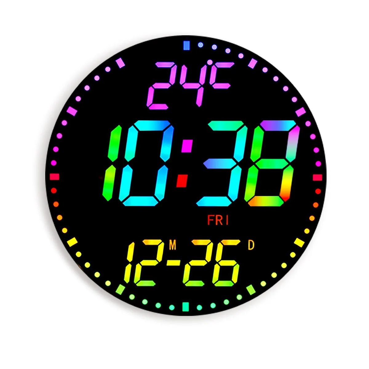 Round black mirror-finish digital clock with large LED display and remote control