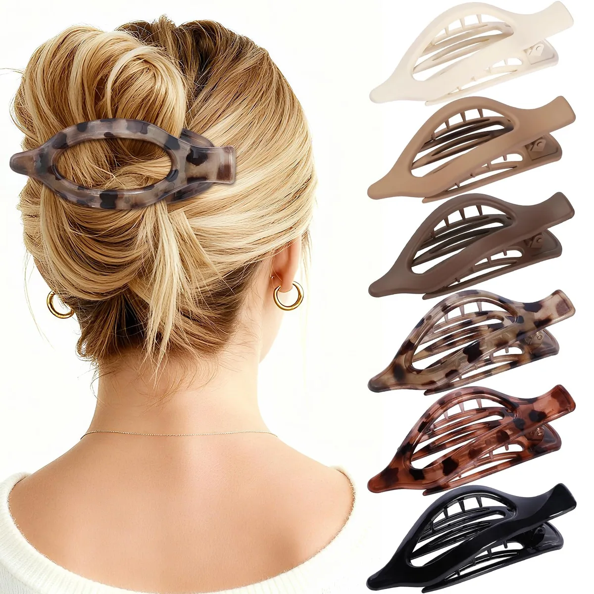 Six transparent oval flat claw clips in assorted colours