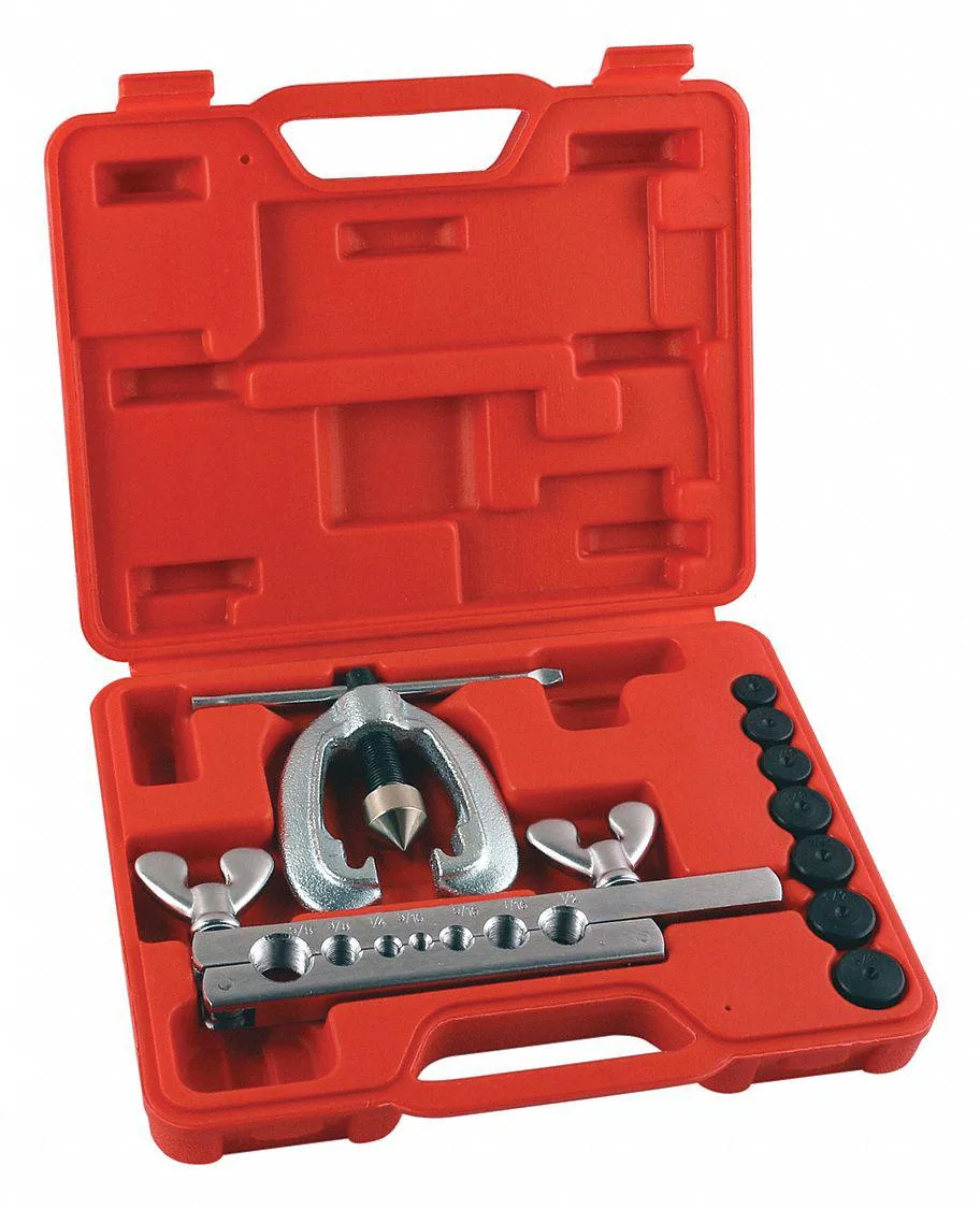 Nine-piece double flaring tool set in carbon steel finish with bar assembly and seven adapters