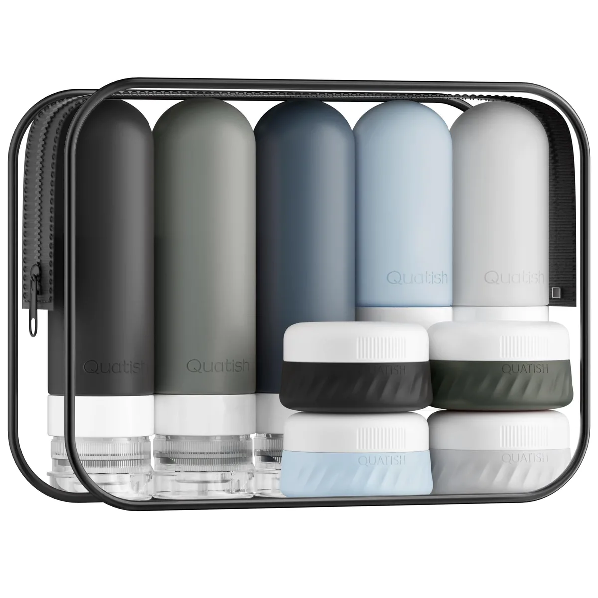 Black 15-piece travel kit with toiletry bag, silicone bottles, spray bottles, jars, funnel, label, brush, spatulas